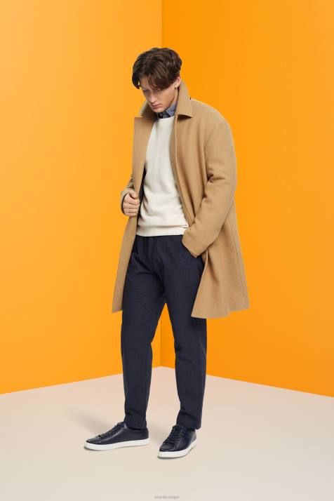 calças azul escuro homens Esprit calça risca de giz com cordão na cintura NBHL816