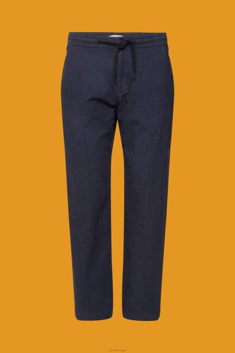 calças azul escuro homens Esprit calça risca de giz com cordão na cintura NBHL816