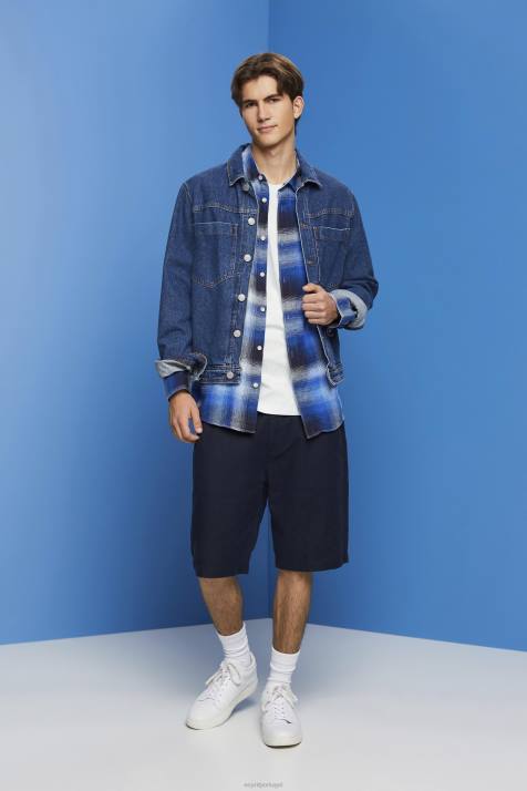 camisas azul homens Esprit camisa xadrez xadrez mesclada de algodão e cânhamo NBHL715