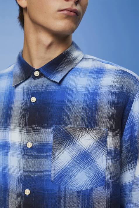 camisas azul homens Esprit camisa xadrez xadrez mesclada de algodão e cânhamo NBHL715