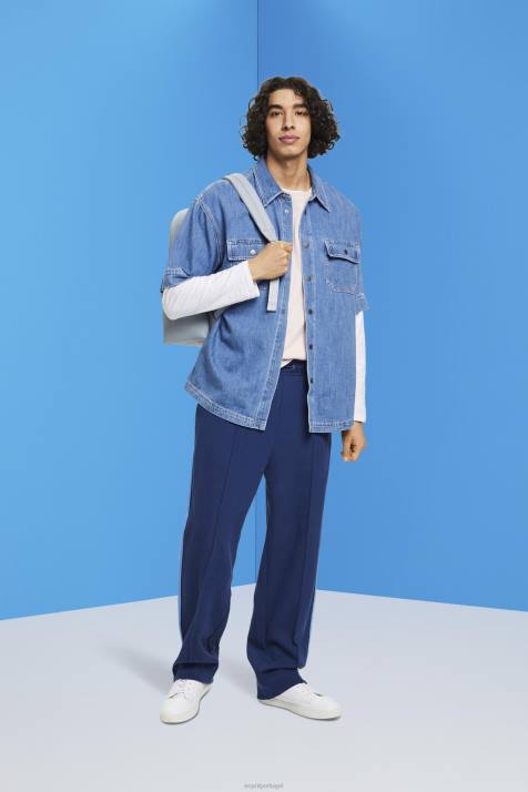 camisas lavagem média azul homens Esprit camisa jeans boxy manga curta NBHL670