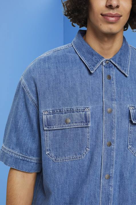 camisas lavagem média azul homens Esprit camisa jeans boxy manga curta NBHL670