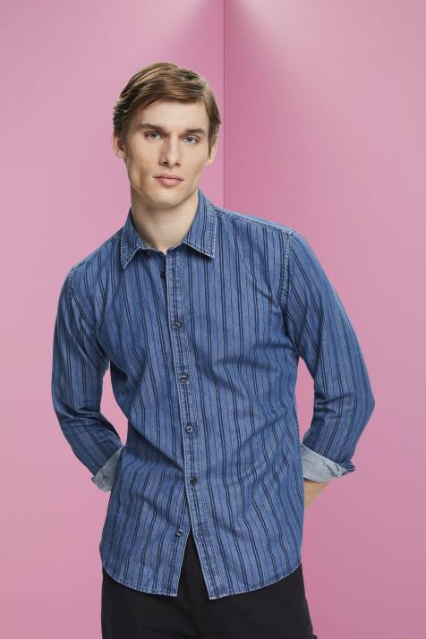 camisas marinha homens Esprit camisa jeans slim fit com listras NBHL717