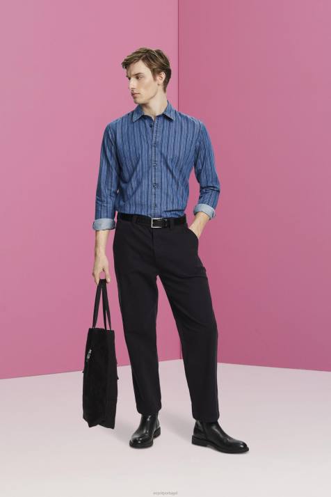 camisas marinha homens Esprit camisa jeans slim fit com listras NBHL717