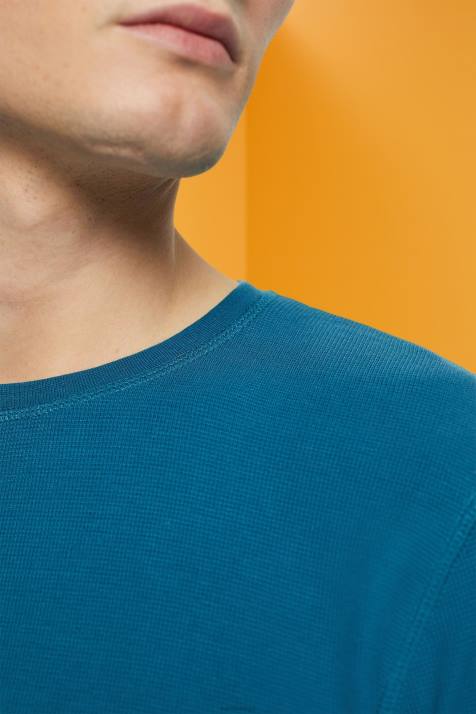 manga comprida turquesa escuro homens Esprit top manga longa waffle piquê NBHL851