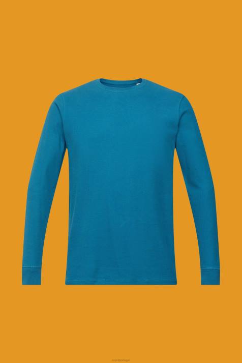 manga comprida turquesa escuro homens Esprit top manga longa waffle piquê NBHL851