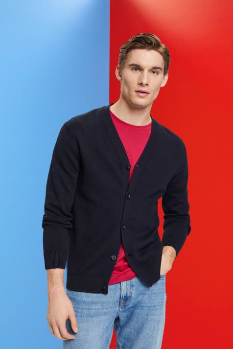 suéteres marinha homens Esprit cardigan de algodão sustentável com decote em V NBHL776