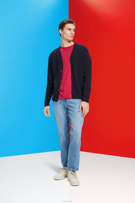 suéteres marinha homens Esprit cardigan de algodão sustentável com decote em V NBHL776