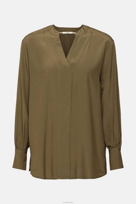 blusas cáqui escuro mulheres Esprit blusa com decote em V, lenzing ecovero NBHL555