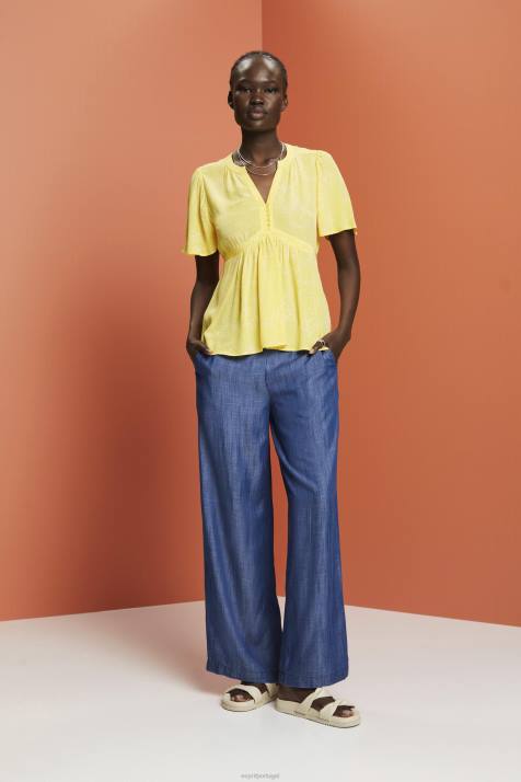 blusas luz amarela mulheres Esprit blusa manga curta com cinto para amarrar NBHL222