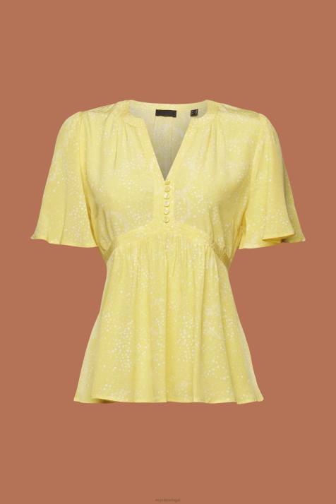 blusas luz amarela mulheres Esprit blusa manga curta com cinto para amarrar NBHL222