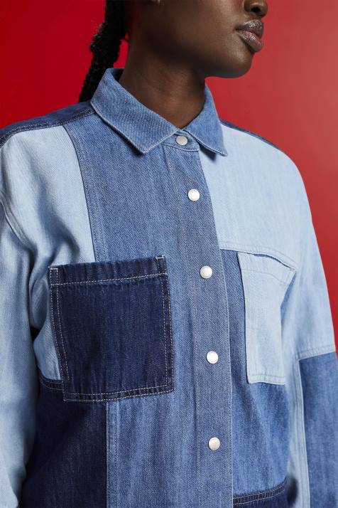 camisas lavagem com luz azul mulheres Esprit camisa jeans patchwork, mistura de algodão NBHL257