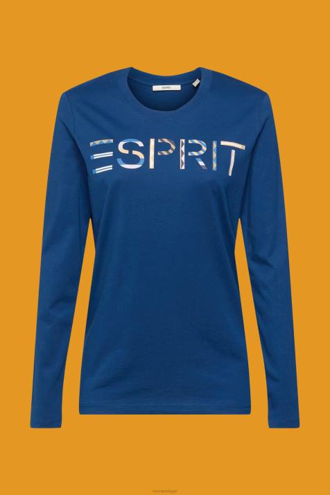 Camisetas azul gasolina mulheres Esprit camiseta manga longa com logo NBHL462