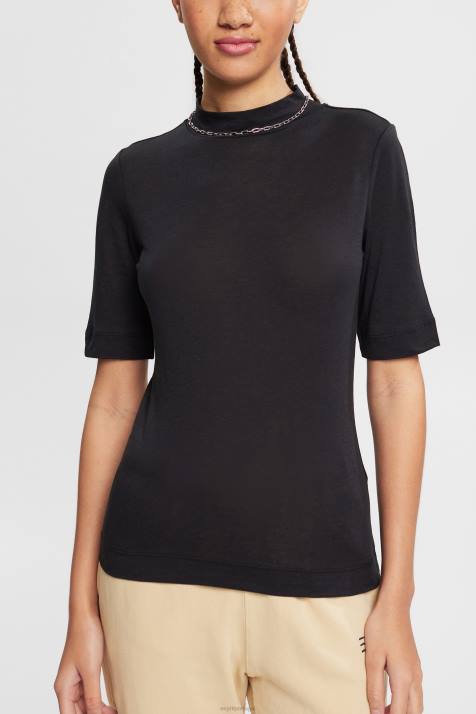 Camisetas preto mulheres Esprit camiseta com gola banda, tencel NBHL374