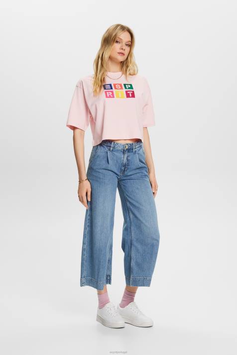 Camisetas rosa pastel mulheres Esprit camiseta com logo bordado, 100% algodão NBHL16