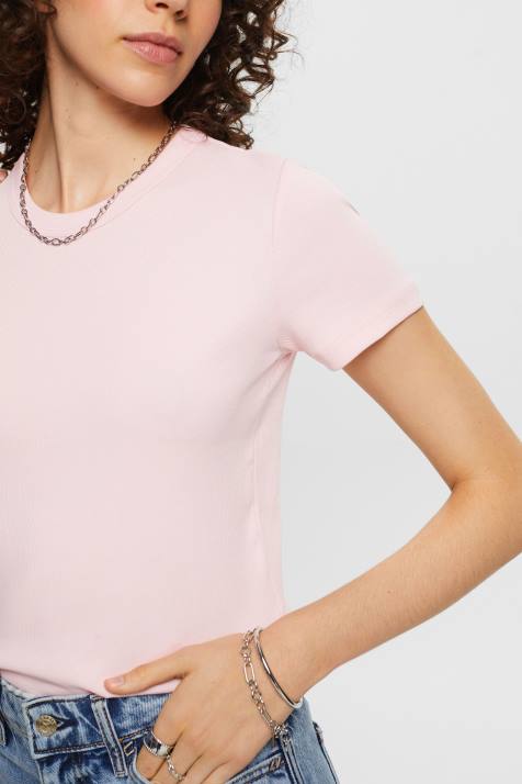 Camisetas rosa pastel mulheres Esprit camiseta com nervuras NBHL2