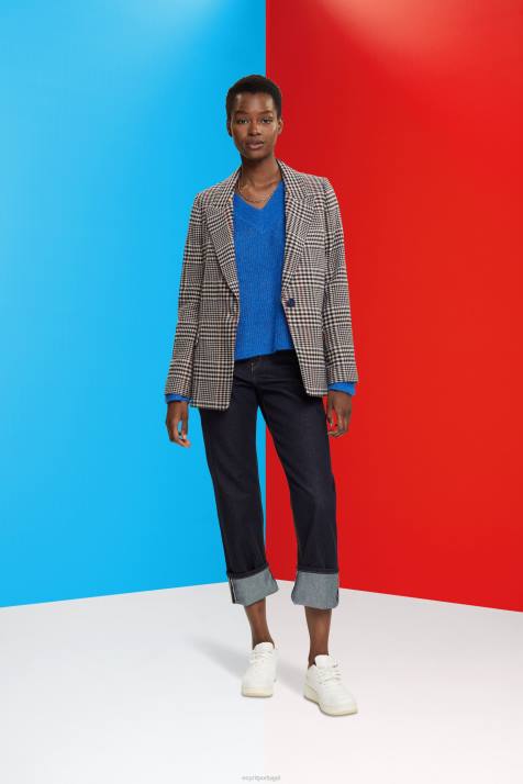 casacos creme bege mulheres Esprit blazer mescla de lã xadrez NBHL447