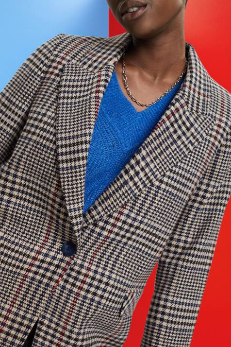 casacos creme bege mulheres Esprit blazer mescla de lã xadrez NBHL447