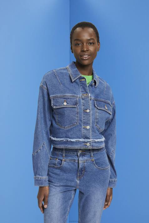 jaquetas lavagem azul escuro mulheres Esprit jaqueta jeans cropped com acabamento desfiado NBHL311