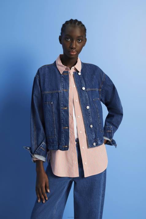 jaquetas lavagem azul escuro mulheres Esprit jaqueta jeans sem gola com cordão NBHL298