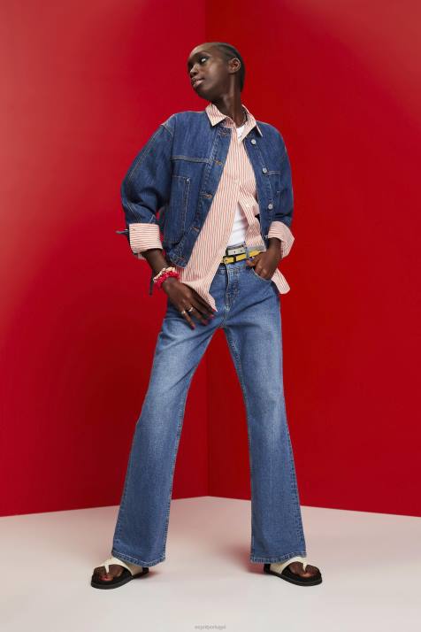 jaquetas lavagem azul escuro mulheres Esprit jaqueta jeans sem gola com cordão NBHL298