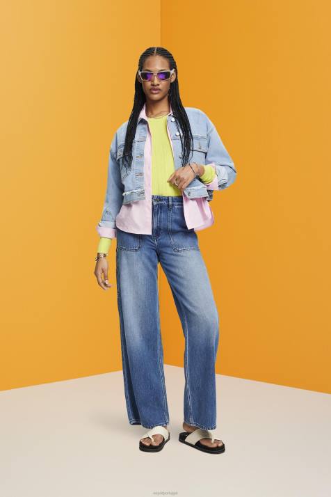 jaquetas lavagem com luz azul mulheres Esprit jaqueta jeans cropped com acabamento desfiado NBHL312