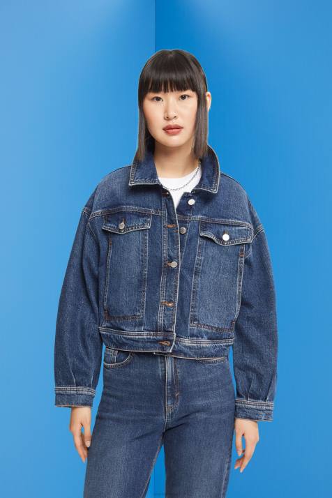 jaquetas lavagem média azul mulheres Esprit jaqueta jeans recortada NBHL550