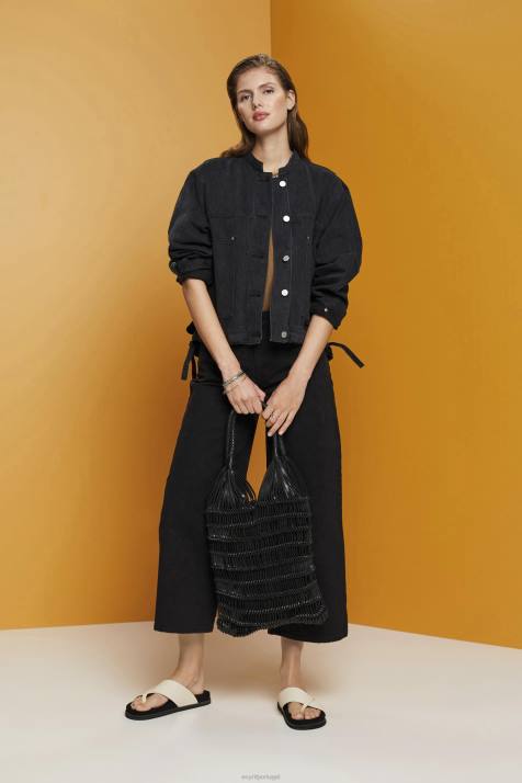 jaquetas lavagem média preta mulheres Esprit jaqueta jeans sem gola com cordão NBHL297