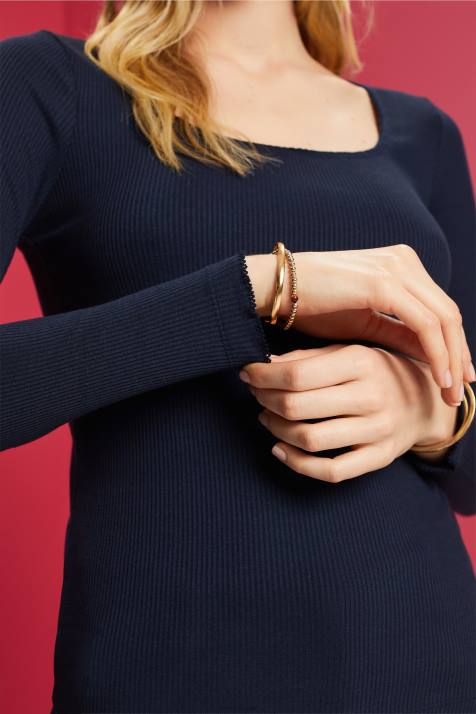 manga comprida marinha mulheres Esprit top manga longa canelado NBHL90