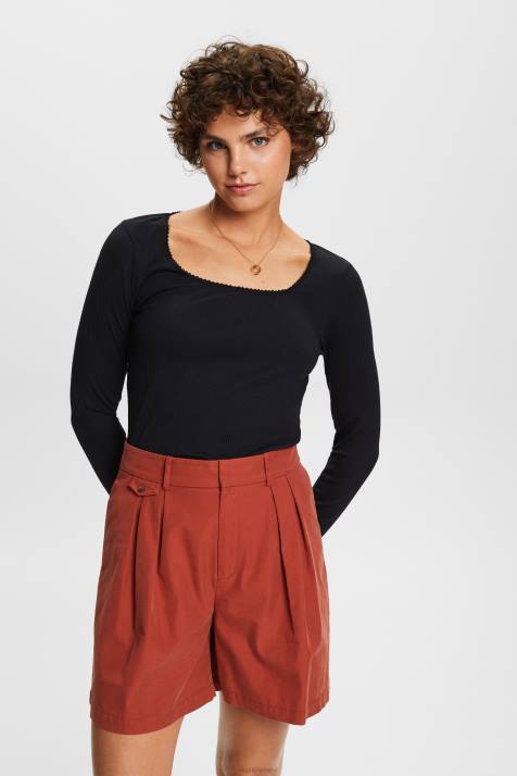 manga comprida preto mulheres Esprit top manga longa canelado NBHL88