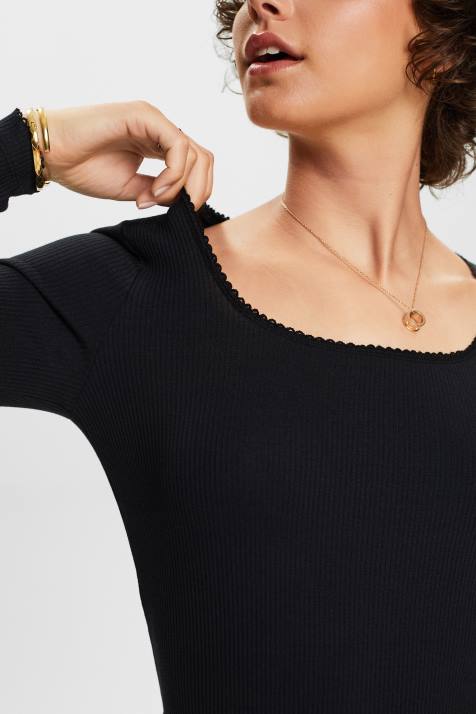 manga comprida preto mulheres Esprit top manga longa canelado NBHL88