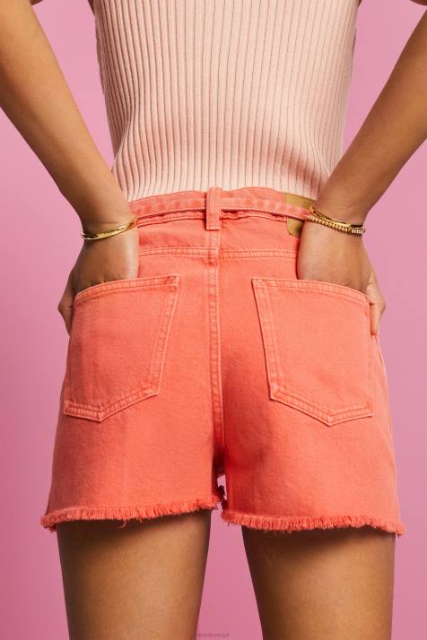 shorts laranja coral mulheres Esprit shorts jeans cintura alta com amarração NBHL58