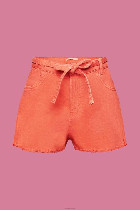 shorts laranja coral mulheres Esprit shorts jeans cintura alta com amarração NBHL58