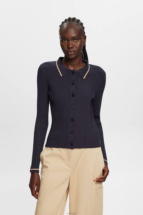 suéteres azul gasolina mulheres Esprit top polo tricotado com botões na frente NBHL22