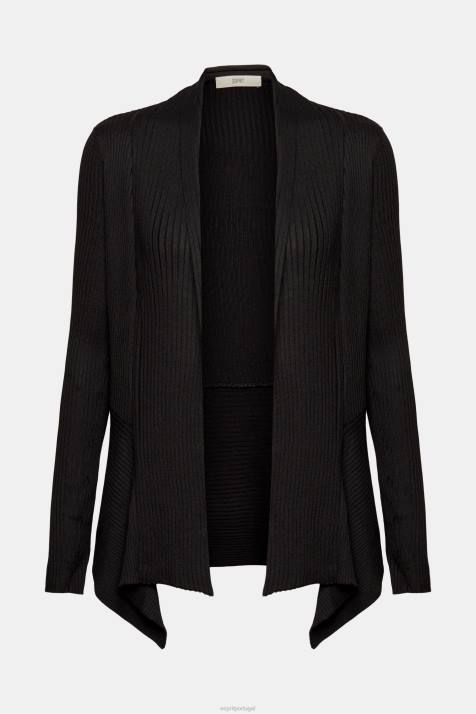 suéteres preto mulheres Esprit reciclado: cardigã canelado com bainha de lenço NBHL23