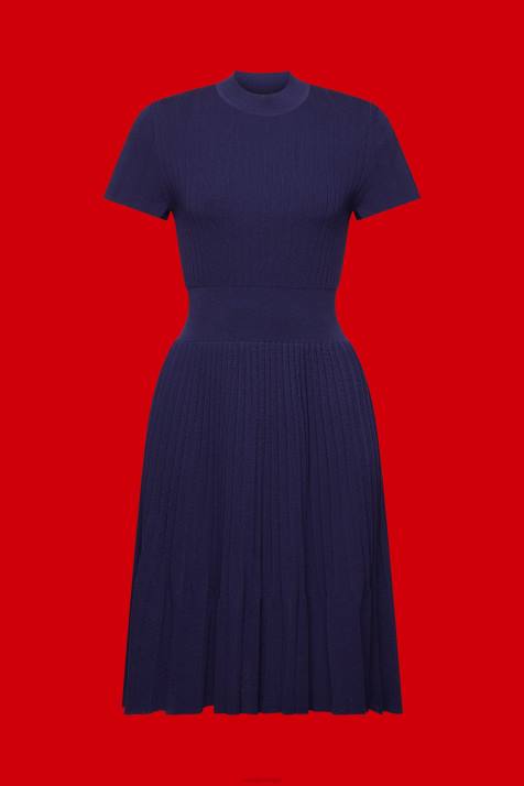vestidos azul escuro mulheres Esprit vestido midi com pregas e manga curta NBHL122