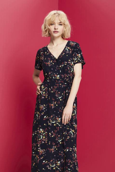 vestidos azul escuro mulheres Esprit vestido midi estampado com cinto NBHL189
