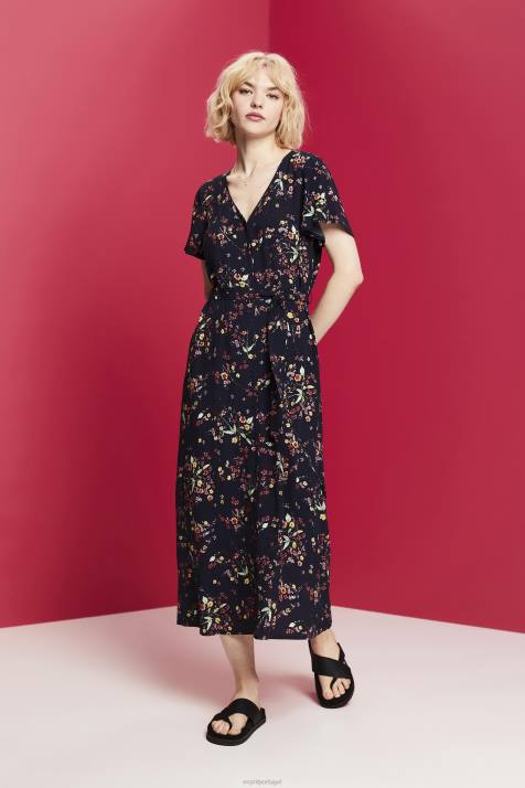 vestidos azul escuro mulheres Esprit vestido midi estampado com cinto NBHL189
