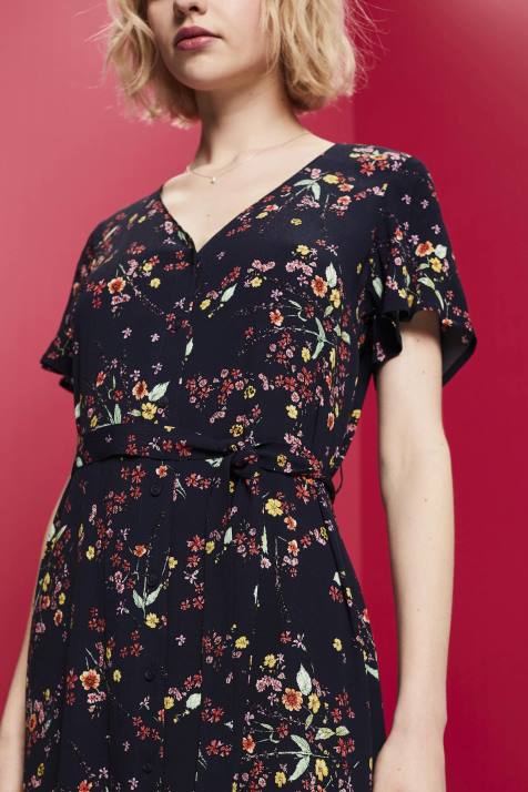 vestidos azul escuro mulheres Esprit vestido midi estampado com cinto NBHL189