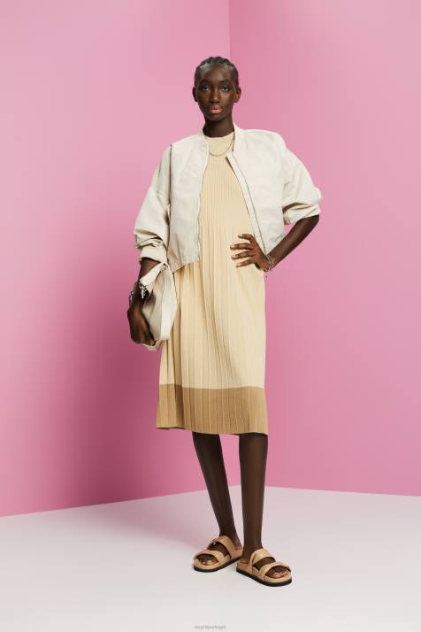 vestidos bege claro mulheres Esprit vestido maxi plissado e sem mangas com gola redonda NBHL125