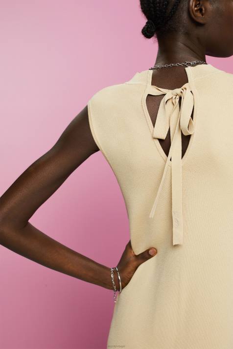 vestidos bege claro mulheres Esprit vestido maxi plissado e sem mangas com gola redonda NBHL125