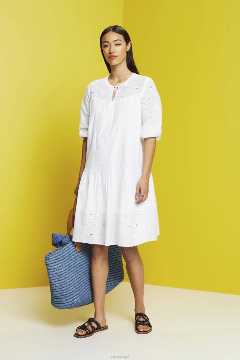 vestidos branco mulheres Esprit vestido bordado, 100% algodão NBHL186