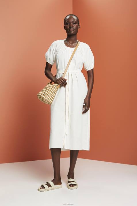 vestidos branco mulheres Esprit vestido camisa midi com cinto de amarração, mistura de algodão NBHL235