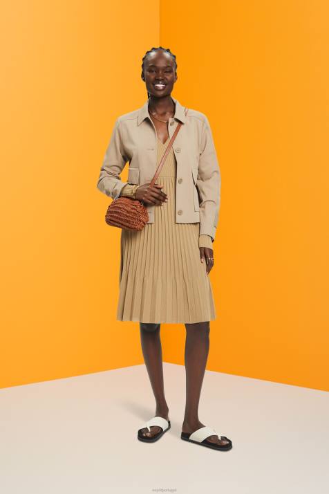 vestidos cáqui bege mulheres Esprit vestido envolvente plissado com mangas compridas NBHL126