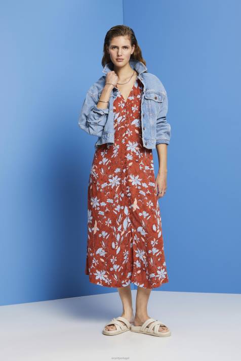 vestidos laranja coral mulheres Esprit vestido midi com estampa toda NBHL188