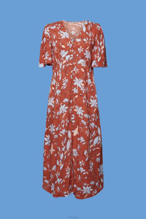 vestidos laranja coral mulheres Esprit vestido midi com estampa toda NBHL188