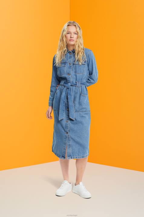 vestidos lavagem com luz azul mulheres Esprit vestido jeans com cinto de amarrar NBHL394