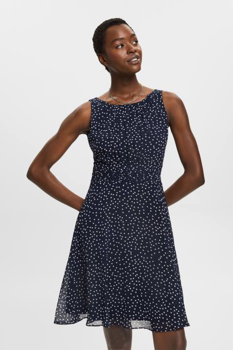 vestidos marinha mulheres Esprit reciclado: vestido de chiffon com cintura franzida NBHL67