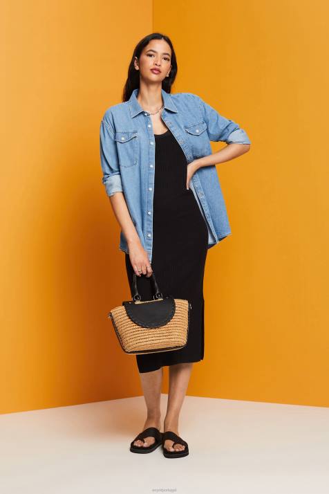 vestidos preto mulheres Esprit vestido em malha canelada, mistura de linho NBHL113