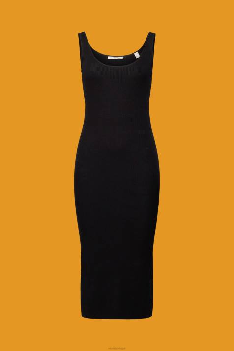 vestidos preto mulheres Esprit vestido em malha canelada, mistura de linho NBHL113